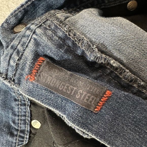 TK Axel Jeans Mens 34x32 Blue Straight Cut Denim Pants Thick Stitch Embroidered - Picture 8 of 13